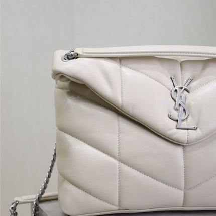 YSL 25S LOULOU PUFFER GM 35 IN SMOKEY TAUPE CALFSKIN SILVER HARDWARE