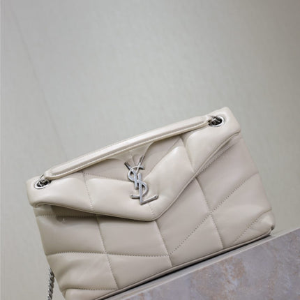 YSL 25S LOULOU PUFFER MM 29 IN SMOKEY TAUPE CALFSKIN SILVER HARDWARE