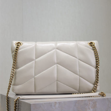 YSL 25S LOULOU PUFFER MM 29 IN BLANC VINTAGE CALFSKIN GOLD HARDWARE