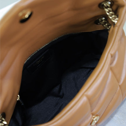YSL 25S LOULOU PUFFER MM 29 IN CARAMEL CALFSKIN GOLD HARDWARE