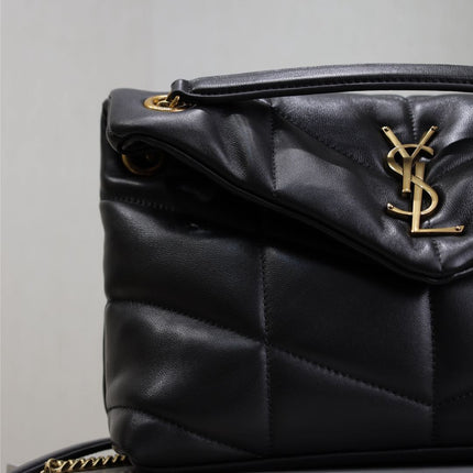 YSL 25S LOULOU PUFFER MM 29 IN BLACK CALFSKIN GOLD HARDWARE