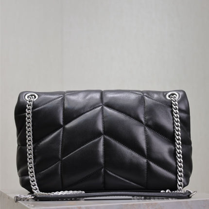 YSL 25S LOULOU PUFFER MM 29 IN BLACK CALFSKIN SILVER HARDWARE