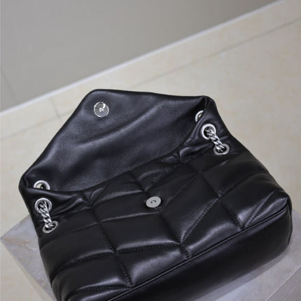 YSL 25S LOULOU PUFFER MM 29 IN BLACK CALFSKIN SILVER HARDWARE