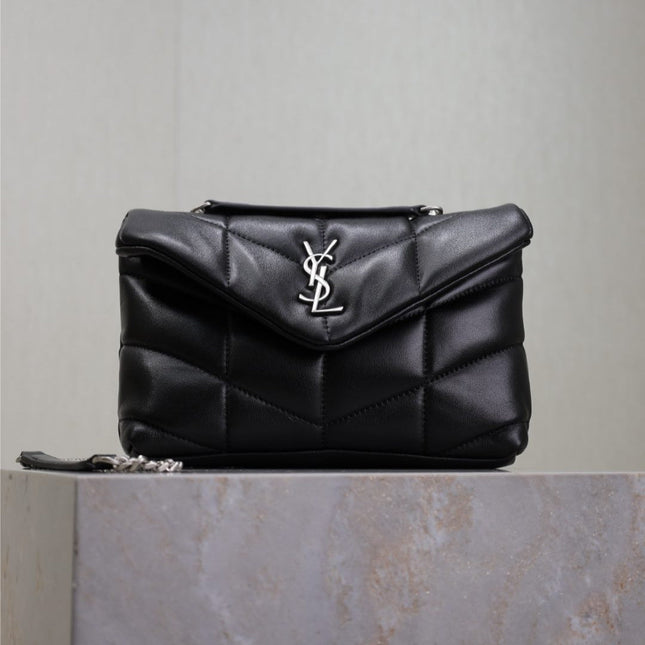 YSL 25S LOULOU PUFFER MINI 23 IN BLACK CALFSKIN SILVER HARDWARE