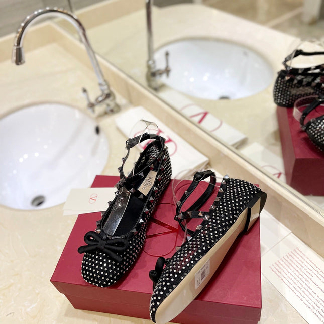 VALENTINO 26S BALLET FLATS IN BLACK CRYSTAL-EMBELLISHED MESH