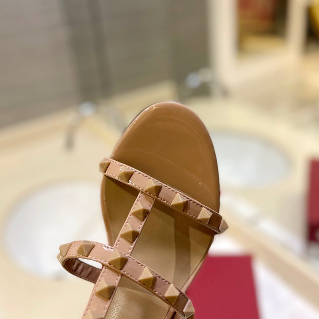 VALENTINO 26S ROCKSTUD CAGED HEELED SANDALS 60 MM IN NUDE PATENT CALFSKIN