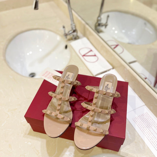 VALENTINO 26S ROCKSTUD CAGED HEELED SANDALS 60 MM IN NUDE PATENT CALFSKIN