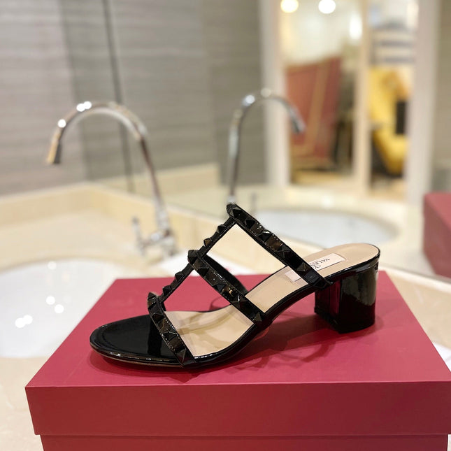 VALENTINO 26S ROCKSTUD CAGED HEELED SANDALS 60 MM IN BLACK PATENT CALFSKIN