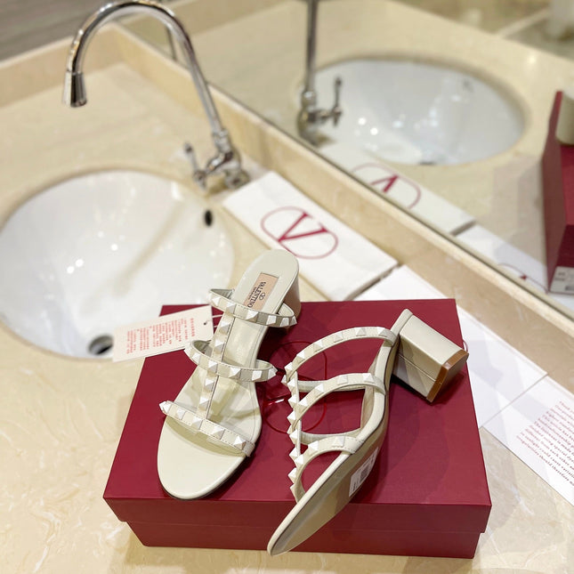 VALENTINO 26S ROCKSTUD CAGED HEELED SANDALS 60 MM IN CREAM WHITE CALFSKIN