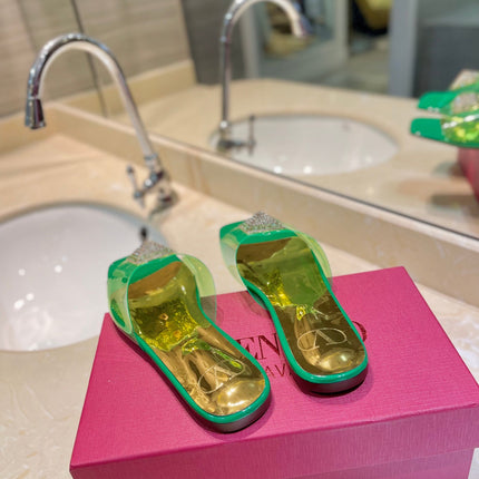 VALENTINO 26S FLAT SLIDES IN GREEN MIX GOLD LAMBSKIN WITH CRYSTAL