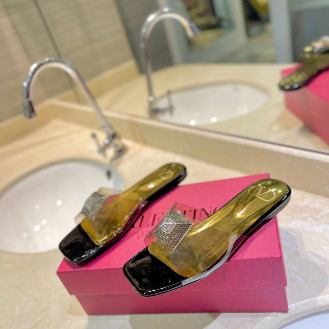 VALENTINO 26S FLAT SLIDES IN BLACK MIX GOLD LAMBSKIN WITH CRYSTAL