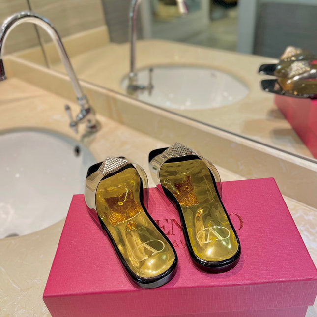 VALENTINO 26S FLAT SLIDES IN BLACK MIX GOLD LAMBSKIN WITH CRYSTAL