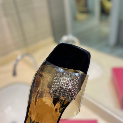 VALENTINO 26S FLAT SLIDES IN BLACK MIX GOLD LAMBSKIN WITH CRYSTAL