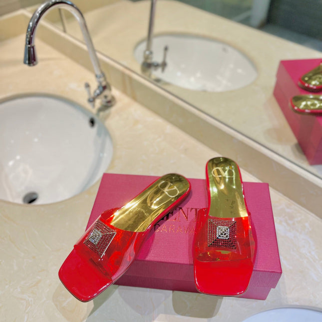 VALENTINO 26S FLAT SLIDES IN RED MIX GOLD LAMBSKIN WITH CRYSTAL