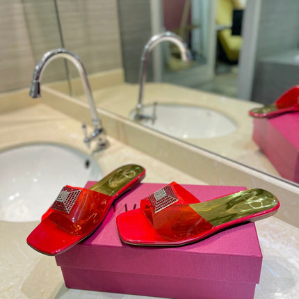 VALENTINO 26S FLAT SLIDES IN RED MIX GOLD LAMBSKIN WITH CRYSTAL