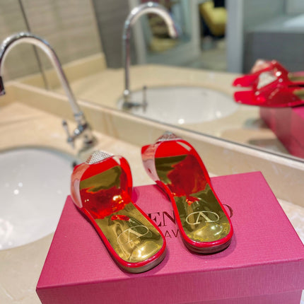 VALENTINO 26S FLAT SLIDES IN RED MIX GOLD LAMBSKIN WITH CRYSTAL