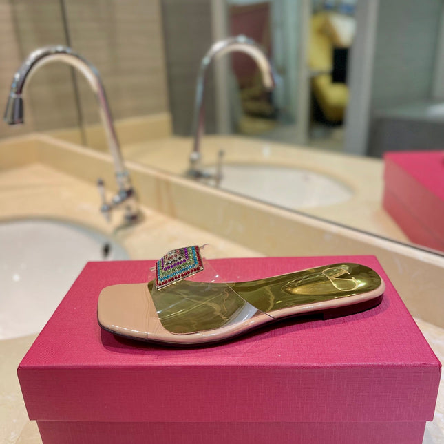 VALENTINO 26S FLAT SLIDES IN NUDE MIX GOLD LAMBSKIN WITH CRYSTAL