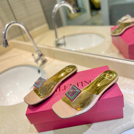 VALENTINO 26S FLAT SLIDES IN NUDE MIX GOLD LAMBSKIN WITH CRYSTAL