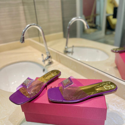 VALENTINO 26S FLAT SLIDES IN PURPLE MIX GOLD LAMBSKIN WITH CRYSTAL