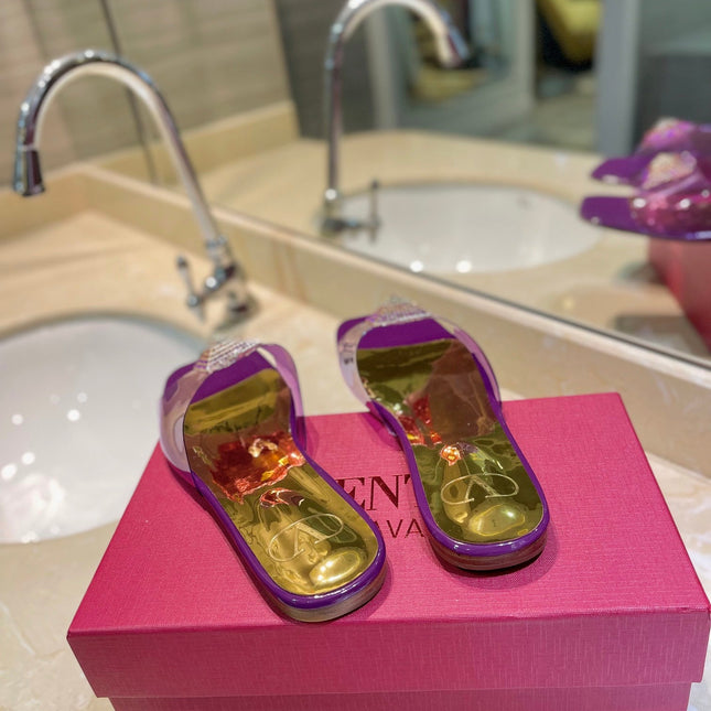 VALENTINO 26S FLAT SLIDES IN PURPLE MIX GOLD LAMBSKIN WITH CRYSTAL
