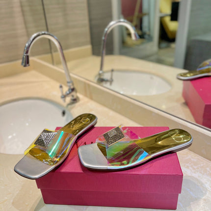 VALENTINO 26S FLAT SLIDES IN SILVER MIX GOLD LAMBSKIN WITH CRYSTAL