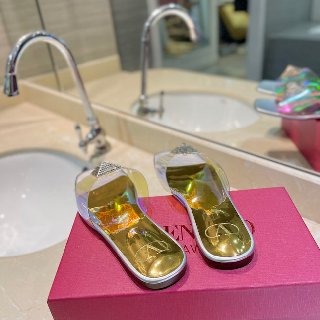VALENTINO 26S FLAT SLIDES IN SILVER MIX GOLD LAMBSKIN WITH CRYSTAL