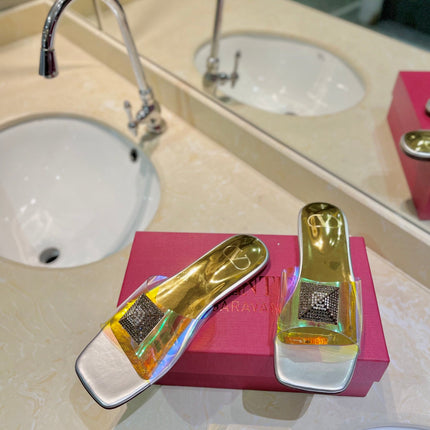 VALENTINO 26S FLAT SLIDES IN SILVER MIX GOLD LAMBSKIN WITH CRYSTAL