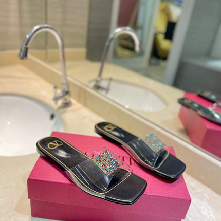 VALENTINO 26S FLAT SLIDES IN BLACK LAMBSKIN WITH CRYSTAL STYLE 2