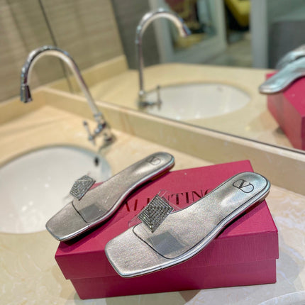 VALENTINO 26S FLAT SLIDES IN SILVER LAMBSKIN WITH CRYSTAL
