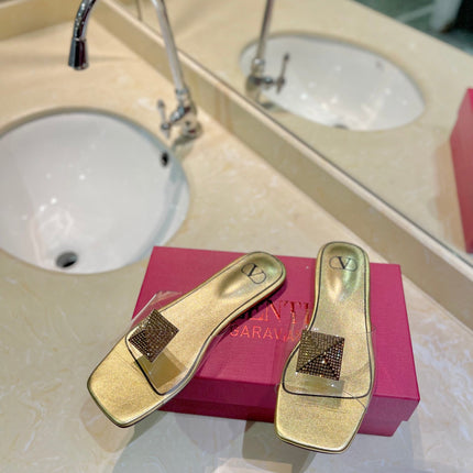 VALENTINO 26S FLAT SLIDES IN GOLD LAMBSKIN WITH CRYSTAL