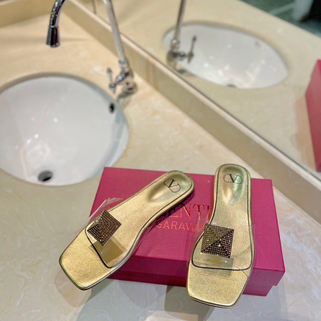 VALENTINO 26S FLAT SLIDES IN GOLD LAMBSKIN WITH CRYSTAL