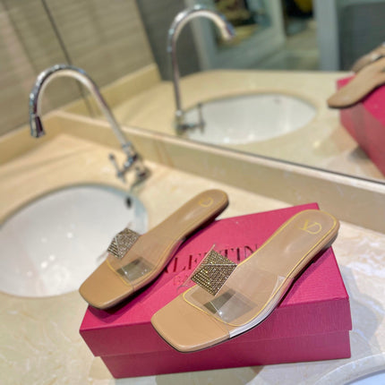 VALENTINO 26S FLAT SLIDES IN BEIGE LAMBSKIN WITH CRYSTAL