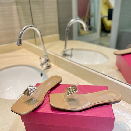 VALENTINO 26S FLAT SLIDES IN BEIGE LAMBSKIN WITH CRYSTAL