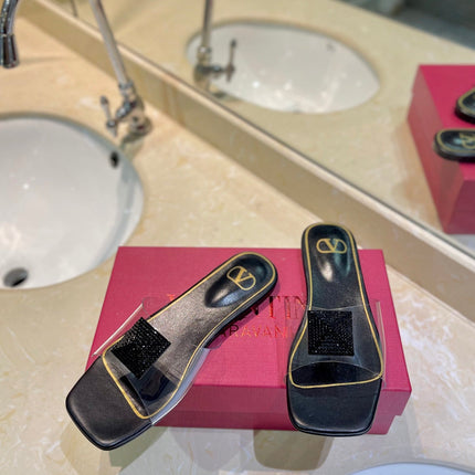 VALENTINO 26S FLAT SLIDES IN BLACK LAMBSKIN WITH CRYSTAL