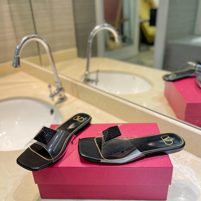 VALENTINO 26S FLAT SLIDES IN BLACK LAMBSKIN WITH CRYSTAL