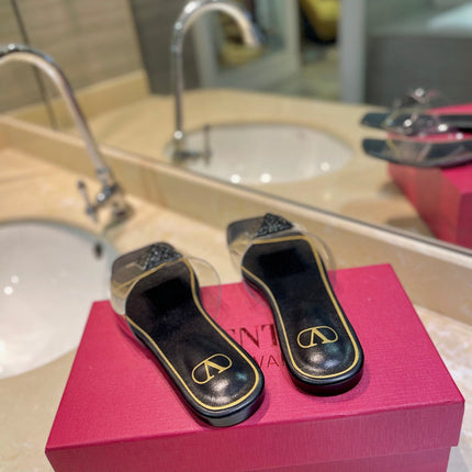 VALENTINO 26S FLAT SLIDES IN BLACK LAMBSKIN WITH CRYSTAL