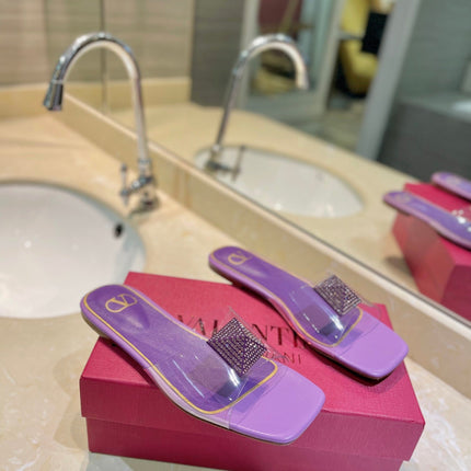 VALENTINO 26S FLAT SLIDES IN PURPLE LAMBSKIN WITH CRYSTAL