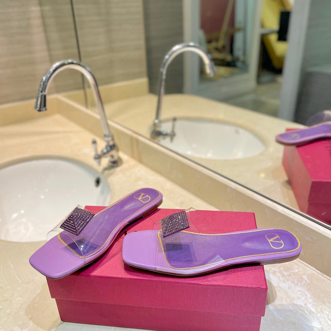 VALENTINO 26S FLAT SLIDES IN PURPLE LAMBSKIN WITH CRYSTAL