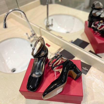 VALENTINO 26S ANKLE STRAP PUMPS 60 MM IN BLACK PATENT CALFSKIN