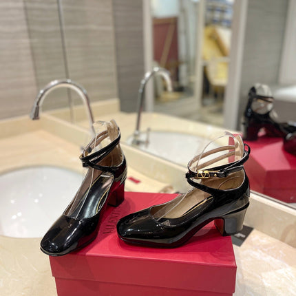 VALENTINO 26S ANKLE STRAP PUMPS 60 MM IN BLACK PATENT CALFSKIN