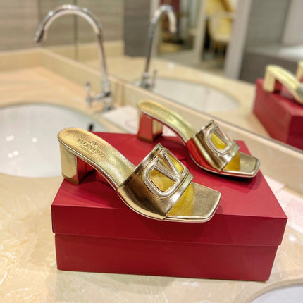 VALENTINO 26S BLOCK-HEEL SANDALS 65 MM IN GOLD CALFSKIN WITH LOGO
