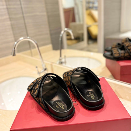 VALENTINO 26S VELCRO SANDALS IN BROWN AND BLACK JACQUARD FABRIC