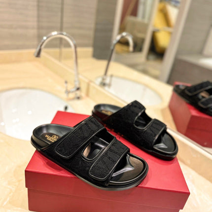 VALENTINO 26S VELCRO SANDALS IN BLACK JACQUARD FABRIC AND LEATHER