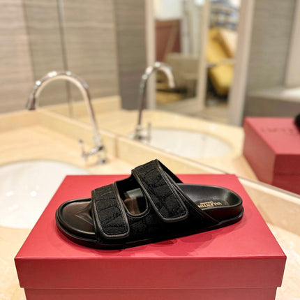 VALENTINO 26S VELCRO SANDALS IN BLACK JACQUARD FABRIC AND LEATHER