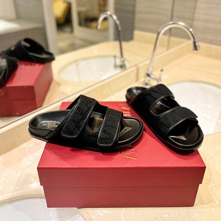 VALENTINO 26S VELCRO SANDALS IN BLACK JACQUARD FABRIC AND LEATHER