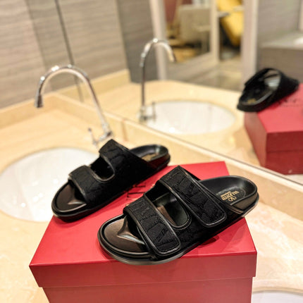 VALENTINO 26S VELCRO SANDALS IN BLACK JACQUARD FABRIC AND LEATHER
