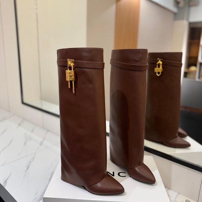 SHARK LOCK HIGH BOOTS IN BROWN CALFSKIN