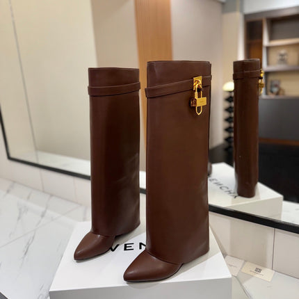 SHARK LOCK HIGH BOOTS IN BROWN CALFSKIN