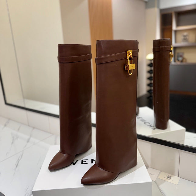 SHARK LOCK HIGH BOOTS IN BROWN CALFSKIN