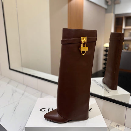 SHARK LOCK HIGH BOOTS IN BROWN CALFSKIN